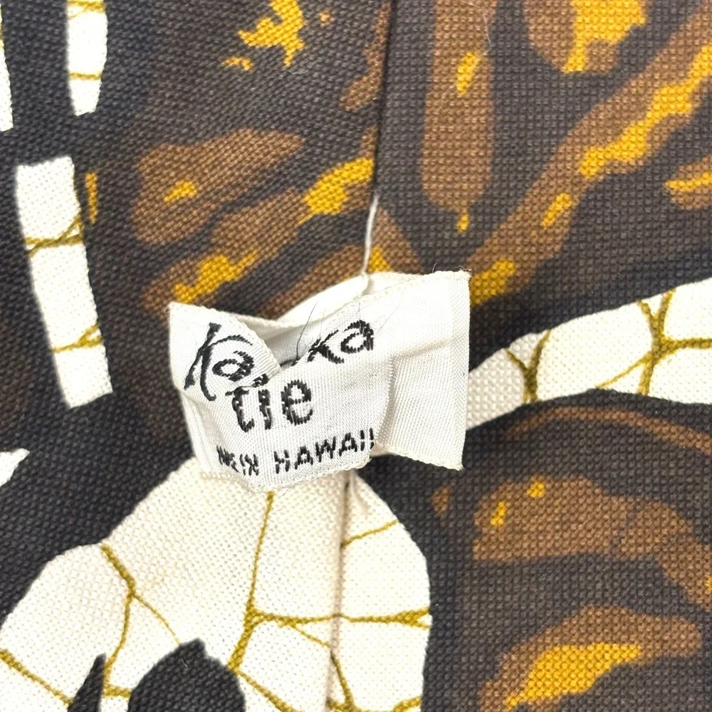 Vintage 70s Kanaka Hawaiian Style Barkcloth Brown Floral Tie 58